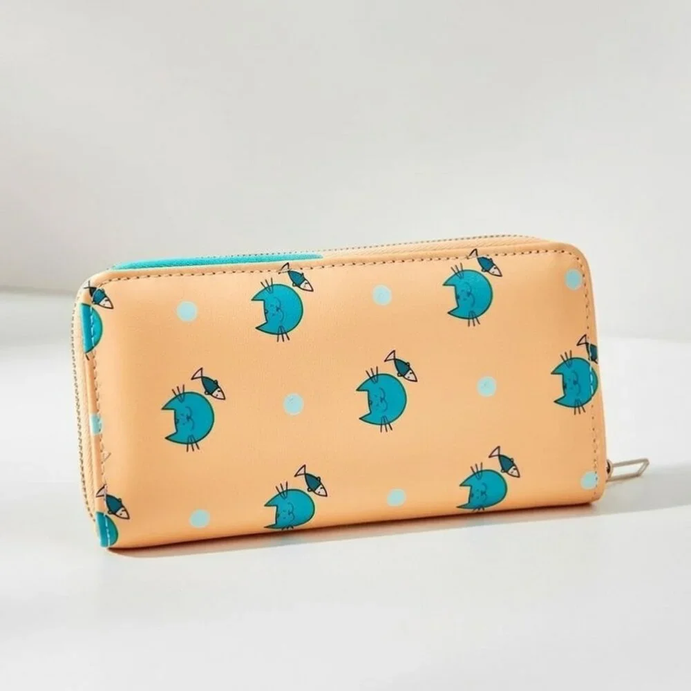 Kawaii Cat & Fish Polka Dot Zip Around Wallet Organizer Yellow Teal NWT